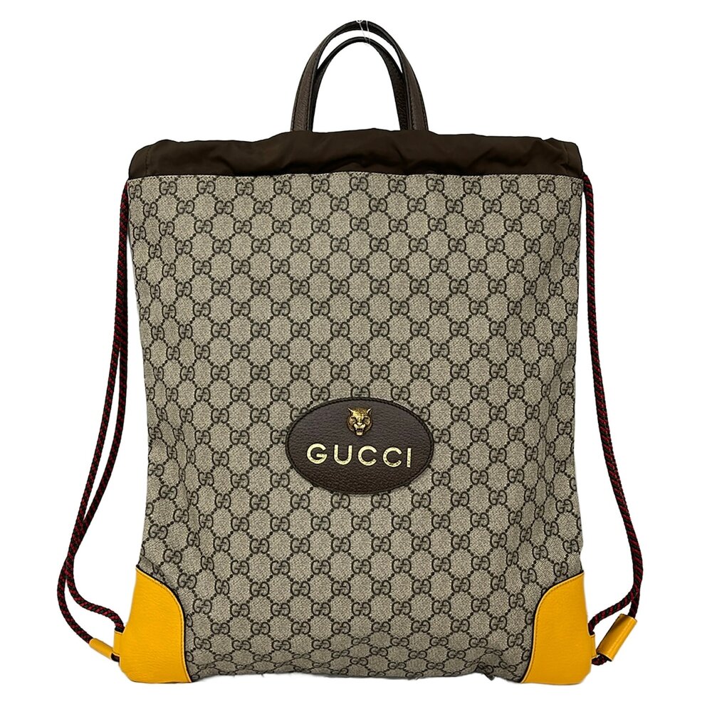 Gucci GG Supreme Drawstring Backpack 473872 Beige Dark Brown PVC Leather
